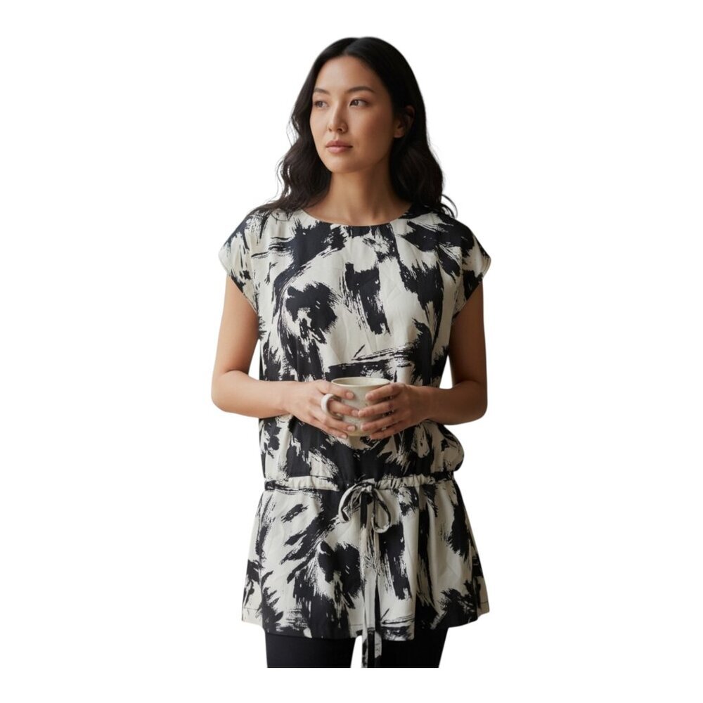 The Limited black cream dress cinch tie waist brush stroke tunic dress XS
